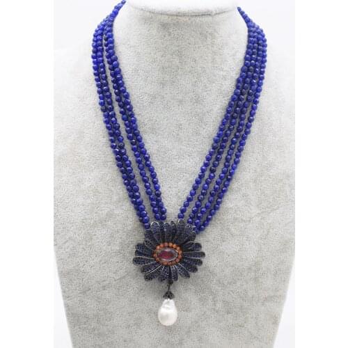 4rows blue jade round faceted 4mm &zircon flower freshwater pearl white baroque beads necklace 18" FPPJ