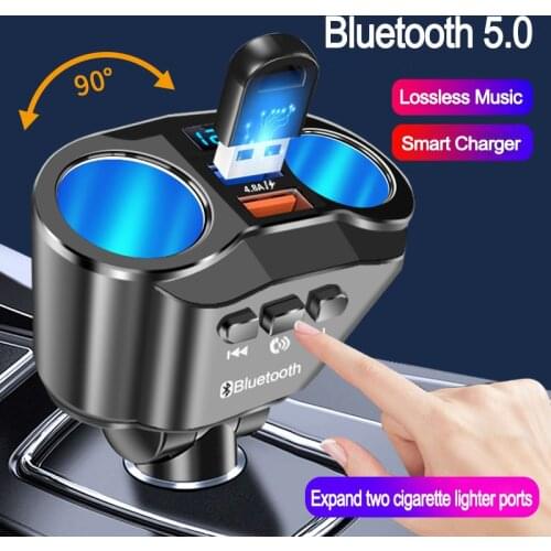 JINSERTA Car Handsfree Bluetooth 5.0 FM Transmitter Dual USB Charger Expand 2 Cigarette Lighter Ports Support U Disk Music Play