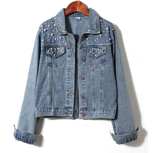Basic Coats Women Denim Jacket Pearls Beading Kpop Jeans Coat Loose Long Sleeve Jackets