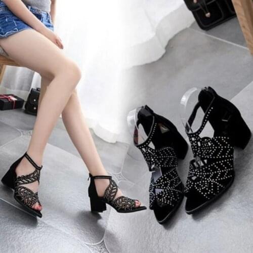 Peep Toe Pu Leather High Heels Sandals Women 2021 Summer Shoes Women Fashion Bling Square Heel Zipper Gladiator Wedding Shoes
