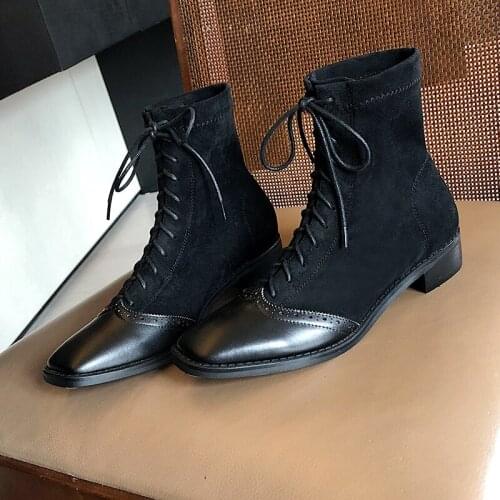 SKLFGXZY European Genuine leather Womens boots Classic short boots Female boots socks lace-up Womens shoes