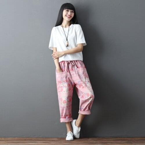 Women Pink Printed Floral Pants Ladies Elastic Casual Loose Cute Pants Trousers Female Bleached Vintage Pants