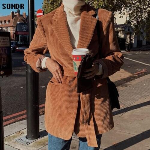 One-Piece Korean WomenS Jacket 2020 Autumn Winter Vintage Lapel Waist Slimming Straight Double Pocket Corduroy Short Coat Tops