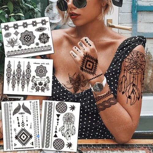 Black Henna Arm Tattoo Mandala Flower Temporary Tattoos For Women Female Girls Sticker Fake Tattoo Mehndi Custom Tatoos Wedding