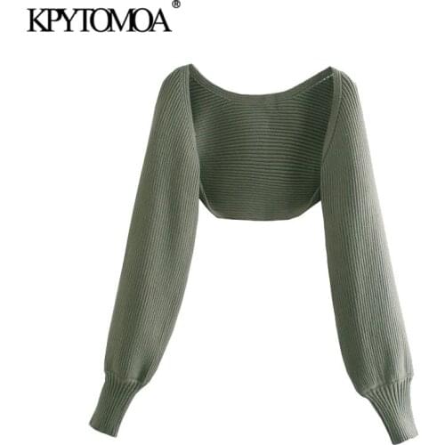 KPYTOMOA Women 2021 Fashion Arm Warmers Cropped Knitted Cardigan Sweater Vintage Long Sleeve Female Outerwear Chic Tops