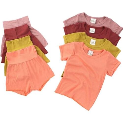 Summer Cotton Solid Color Pajamas Set Baby Girls Boys T-shirt+Shorts Suit Toddler Baby Girls Boys Home Clothes Casual Soft