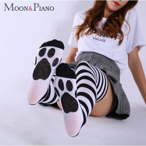 Cute Funny Stockings European and American Style Striped Cartoons Cat Paw Comfortable Breathable Over The Knee Fashion Socks
