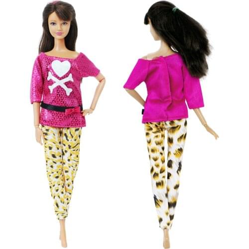 Fashion Outfit Party Dating Wear Cute T-shirt Bowknot Blouse Leopard Pants Trousers Clothes for Barbie Doll 12'' Toy Accessories