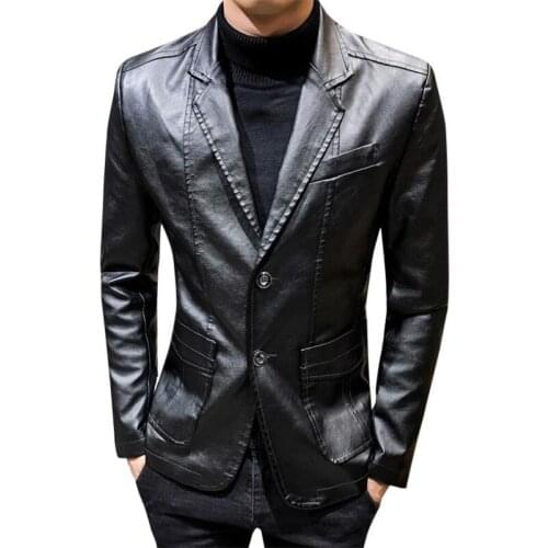 Spring and Autumn Mens Leather Jacket Business Casual Jacket PU Leather Slim Lapel Jacket coat