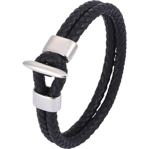Men Jewelry Black Red Double Braided Leather Bracelet Stainless Steel Easy-Hook Metal Buckle Male Leather Wristband BB0592