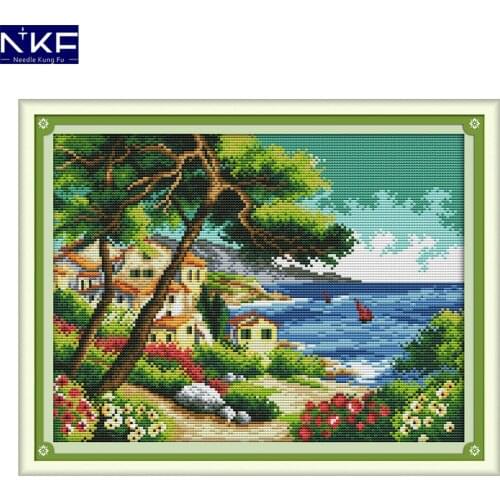 NKF Seaside Village Cross Stitch Pattern 11CT 14CT Needlework Painting Cross Stitch Set for Embroidery Stamped Kits Home Decor
