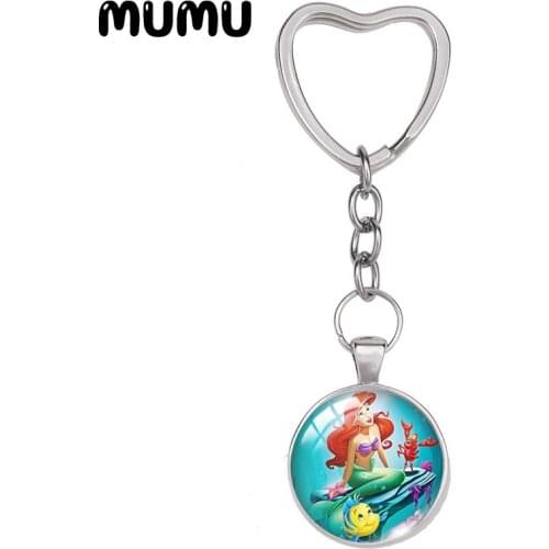 2021 New The Little Mermaid Heart Keyring Ariel Keychain Glass Dome Cabochon Jewelry Gifts Children