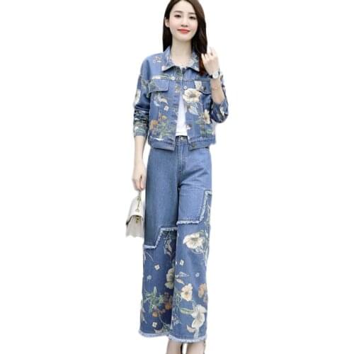 2021 Spring Autumn New Short Denim Coat Wide Leg Jeans Womens Denim Two-Piece Suit Printed Fashion Plus Size Cowgirl Suits 3XL