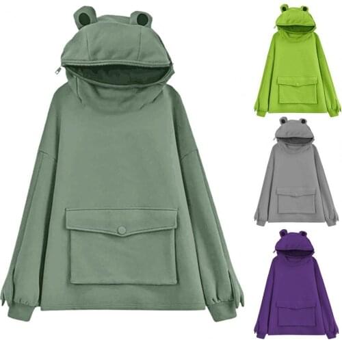 New FroHarajuku Women Hoodie Frog Pullover Winter Sense Hooded Casual Sweatshirts Autumn Embroidery Loose Top Sweatshirt Outwear