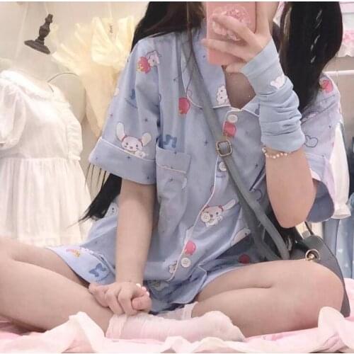 Original Design White Dog Cute Womens Sleep Summer Daily Wear Short Sleeve Blouse Shirt + Shorts Pajamas Set
