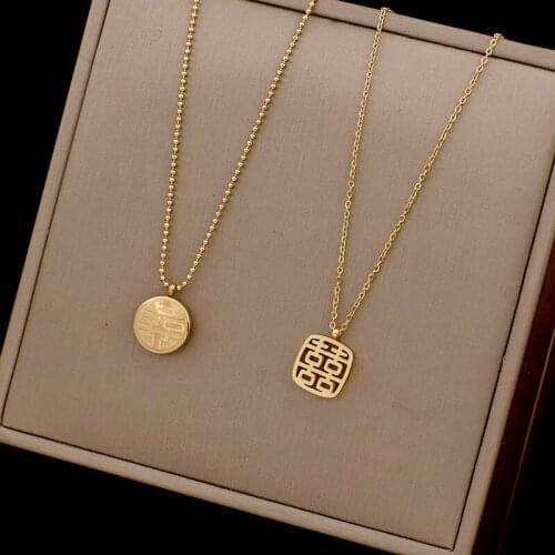 316L stainless steel retro-advanced sense of 18K Jin Fu word happy word double - sided Fu brand necklace female Chinese Xifu