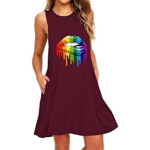 Summer Tank Women Lips print Dress Sleeveless Loose Plus Size Casual Dress Fashion Ladies O-Neck Pocket Dress Streetwear Clothes