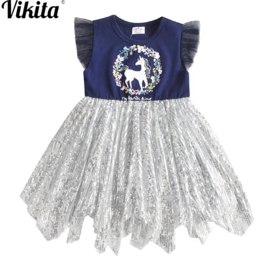 VIKITA Girl Dress Unicorn Print Girls Birthday Party Performance Princess Dress Irregular Tutu Vestidos Children Summer Dresses