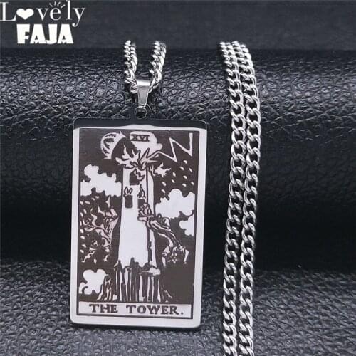 Stainless Steel Tarot Card THE TOWER Necklace for Women/Men Silver Color Pendant Amulet Jewelry collier XH141S03