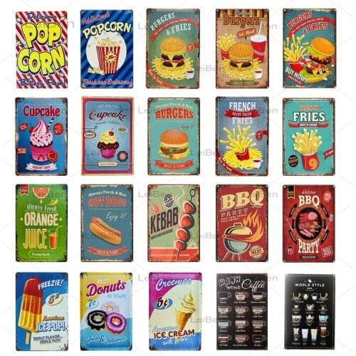 Bar Fast Food Restaurant Retro Metal Tin Signage BBQ Hamburger Popcorn Hot Dog Fries Cake Ice Cream Menu Poster Home Wall Decor