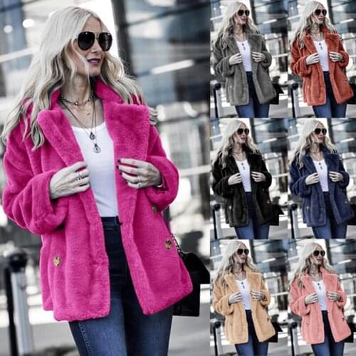 RoRoDox Fluffy Teddy Coat Women Warm Outwear Plush Notch Collar Loose fur jacket Loose Cardigan Trench Button decoration Solid