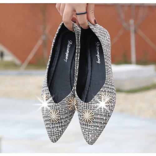 Pointed Rhinestone Womens Shoes 2020 Spring and Summer Flat Shoes Women Plaid Shallow Mouth Comfortable Lazy Single Shoes Women
