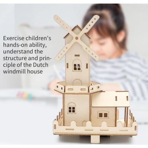 Three-dimensional Wooden Dutch Windmills Lighting Effect Easy-assembled 3D Dutch Windmills School Educational Toys for Children