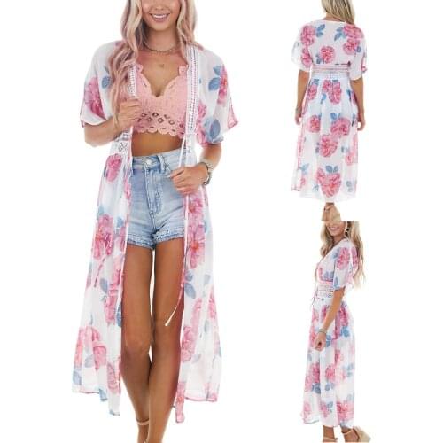 Bohemian Floral Print Swimsuit Cover Up Kimono Chiffon Shawl Summer Beach Dress Lace Cardigan Women Bandage Short Sleeve Tops