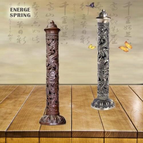 Upright Pillar Censer Antique Dragon Phoenix Copper Incense Burner Large Hollow Stick Incense Holder Home Decor Ornaments