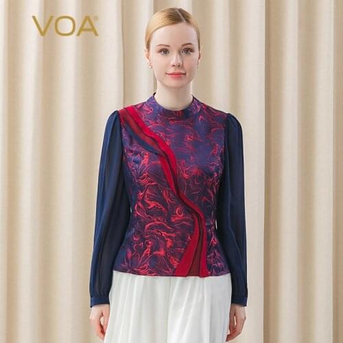 VOA 100% Silk Yarn-dyed Jacquard Asymmetric Impact Georgette Long Shirt Sleeve Semi-high Collar T-shirt BE335 Women Fashion Tops