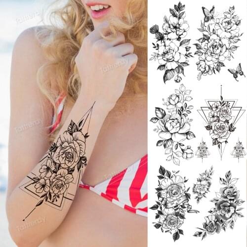 Temporary tattoo sticker flower rose peony sunflower butterfly sketch line tattoo designs big body art sleeve thigh legs tattoo