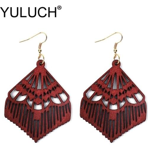 YULUCH 2019 Women Personality Long Dangle Earrings Fashion Jewelry Ethnic African Indian Red Black Hollow Wood Big Drop Earrings