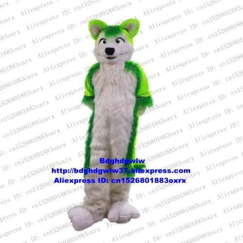 Green White Long Fur Furry Wolf Fox Husky Dog Fursuit Alaskan Malamute Mascot Costume Adult Allen Lovely Student Activity zx668