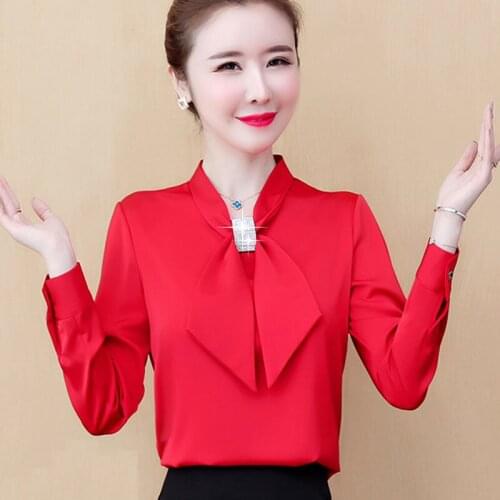 Women 2021 Spring Fashion Solid Color Chiffon Shirts Female New Bow Long Sleeve Blouses Ladies Thin Pullover Shirts U250