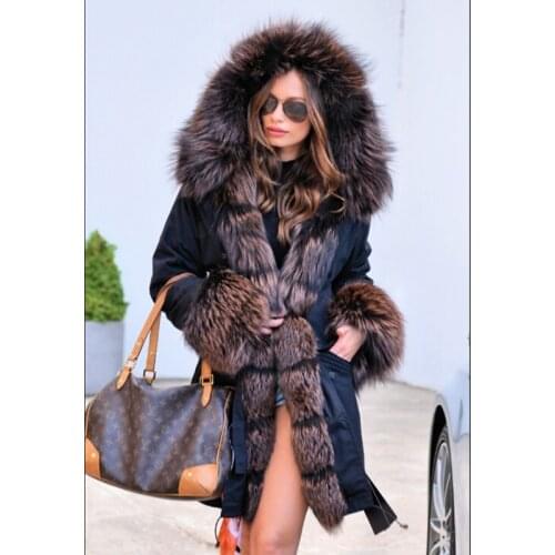 FURSARCAR 2020 Luxury Women Fur Parka Down Jacket With Hood Fashion Femme Winter Natural Fur Parkas With Raccoon Fur Collar