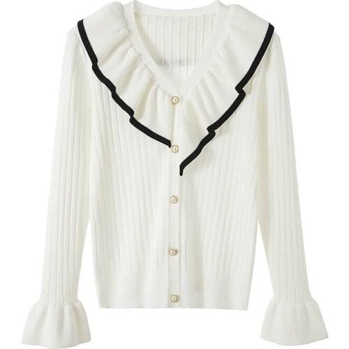 Women Knitted Cardigans Sweater Fashion Autumn Long Sleeve Loose Coat Casual Button V Neck Ruffle Solid Female Tops 2021