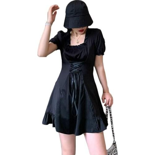 Lady Square Collar Lace-up Bandage Slim Empire Short Sleeve Dresses Cool Streetwear Women Black Gothic Mini Dress 2021 Summer