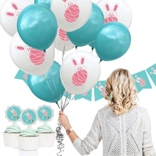ZLJQ 19pcs Easter Party Decorations Bunny Balloons Easter Cupcake Topper Rabbit Banner Set Supplies For Children Birthday Party