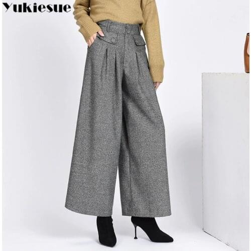 2020 winter warm wool womens pants female high waist pleated wide leg pants capris for women trousers woman Plus size 4xl