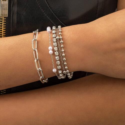 2021 Fashion Layered Women Bracelets Bangles Gold Filled Beads Pearl Tennis Chain Bracelets Crossing Link Jewelry Wholesale