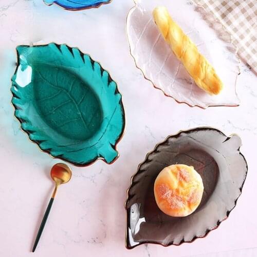 5 Colors Creative Ins Leaves Glass Plate Gold Painting Simple Fruit Dessert Cake Salad Sushi Pickles Tray Tableware