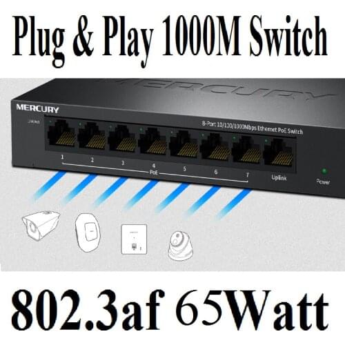 8 ports 7 poe 65W 1000Mbps MCU PoE switch IEEE802.3af PoE suit for PoE camera or AP Network Switches, 15.4W RJ45 port, Plug&Play