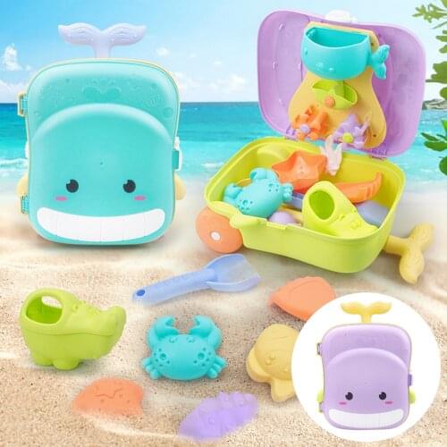 8PCS Kids Beach Sand Toys Trolley Hippo Kettle Crab Fish Conch Starfish Rake Shovel Toy for Toddlers Summer Outdoor Toys