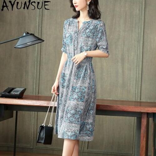 AYUNSUE 100% Silk Dress Women Summer Beach Floral Dresses for Women Casual Midi Elegant V Neck Dress High Quality Vestido KJ6519