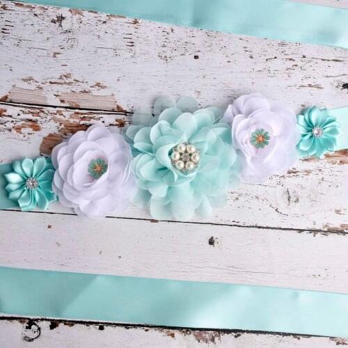 Shining Rhinestone Beaded Chiffon Flower Maternity Belt Little Daisy Floral Sash Turquoise Maternity Waistband Dress Accessories