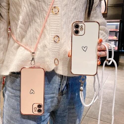 Golden Plating Love Heart Phone Case With Lanyard For iPhone 12 11 Pro XR XS Max 7 8 Plus Soft TPU Solid Color Shockproof Cover