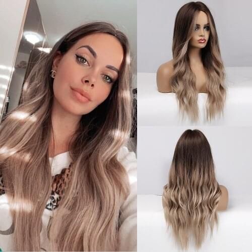 Long Brown to Blonde Wavy Wigs with Highlights Cosplay Wigs Middle Part for Black Women Heat Resistant Natural Synthetic Wigs