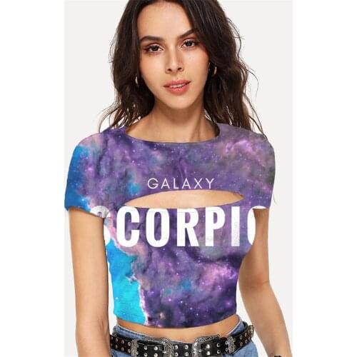 Somepet Scorpio T shirt Women Galaxy Hollow Out T shirts Nebula Navel Bare Colorful Shirt Print Womens Clothing Punk Rock