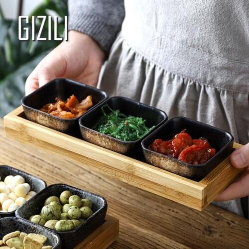 Ceramic Fruit Snack Tray Seasoning Dish Japanese Tableware with Wooden Pallet Snack Bowl Snack Plate Tea Plate Food Storage Tray
