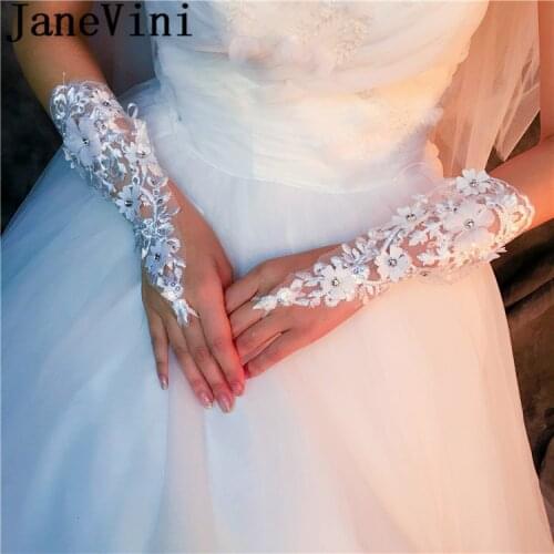 JaneVini 2018 Flowers Beaded Bridal Lace Gloves Long Fingerless Ivory Wedding Gloves For Bride Women Accessory Sheer Handschuhe